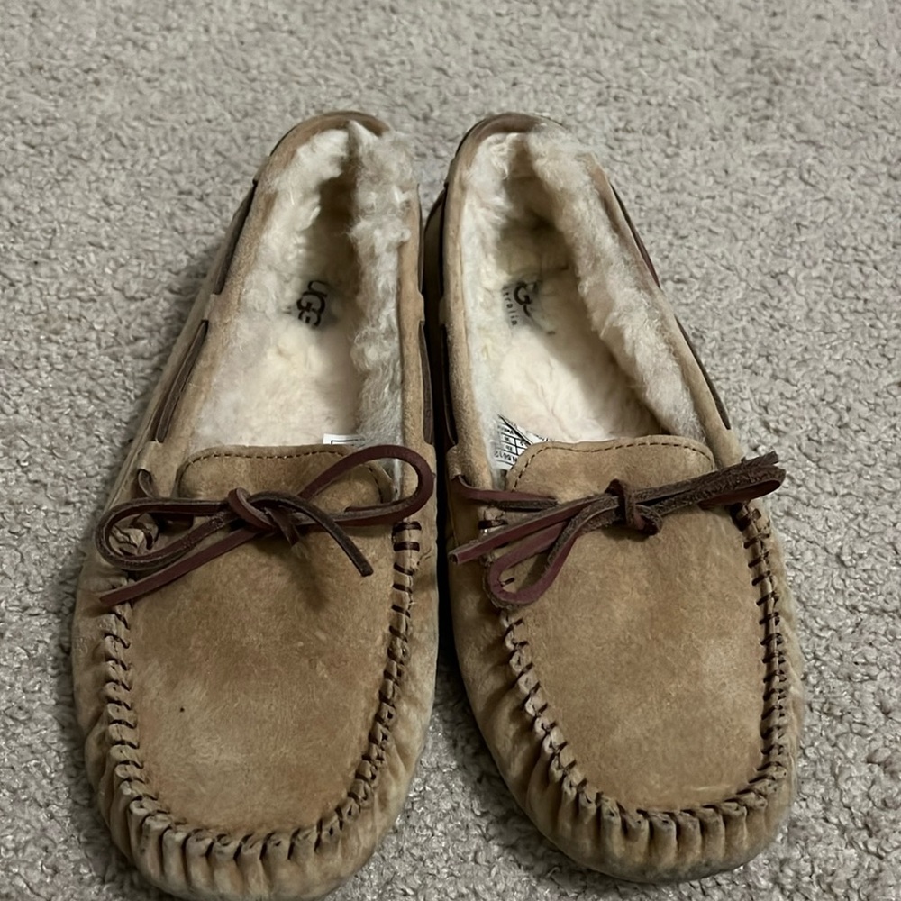 UGG slip on furry flats with lamb skin exterior and fuzzy interior tan size 7